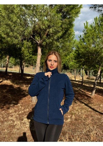 Kadın Kışlık Önü Fermuarlı Cepli Slimfit Lacivert Renk Polar
