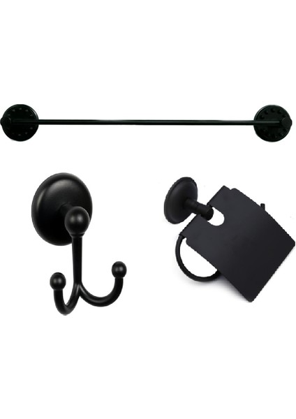 şkanlı Siyah Üçlü Banyo Aksesuar Seti - Uzun Havluluk - Banyo Askısı - Tuvalet Kağıtlık