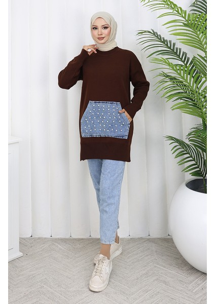 Triko Kanguru Cepli Inci Detaylı Tunik 3030-01 Kahverengi