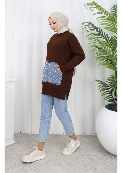 Triko Kanguru Cepli Inci Detaylı Tunik 3030-01 Kahverengi fiyatları