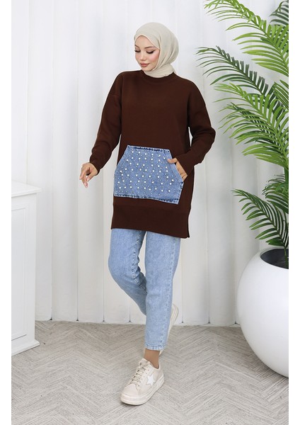 Triko Kanguru Cepli Inci Detaylı Tunik 3030-01 Kahverengi modelleri