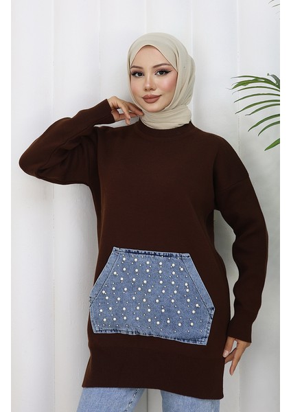 Triko Kanguru Cepli Inci Detaylı Tunik 3030-01 Kahverengi fırsatları