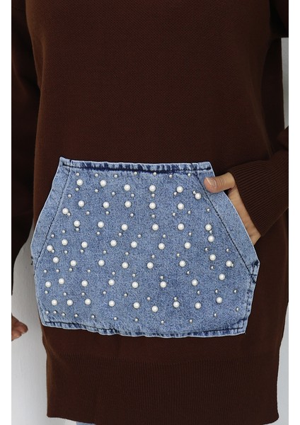 Triko Kanguru Cepli Inci Detaylı Tunik 3030-01 Kahverengi indirimleri