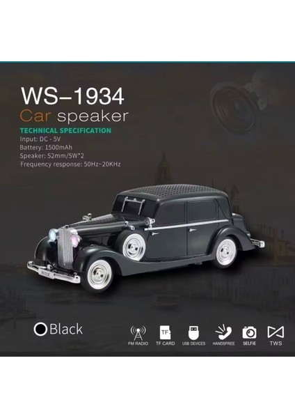 WS1934 Klasik Araba Şarjlı Bluetooth Hoparlör Ses Speaker Müzik Çalar Subwoofer Fm Radyo Sd Kart USB