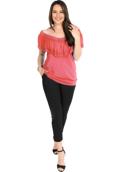 Zerotantik Fırfırlı Dantel Yaka Büyük Beden Bluz Mercan