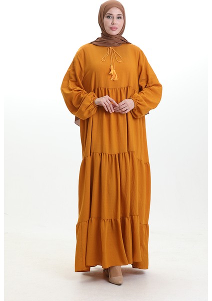 Yaka Bağcıklı Kat Kat Elbise 4107-14 Hardal