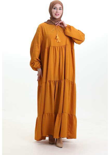 Yaka Bağcıklı Kat Kat Elbise 4107-14 Hardal fiyatları