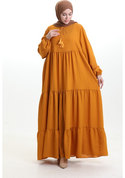 Yaka Bağcıklı Kat Kat Elbise 4107-14 Hardal modelleri