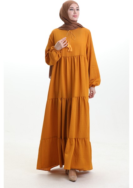 Yaka Bağcıklı Kat Kat Elbise 4107-14 Hardal fırsatları