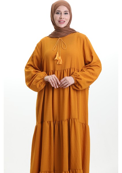 Yaka Bağcıklı Kat Kat Elbise 4107-14 Hardal indirimleri