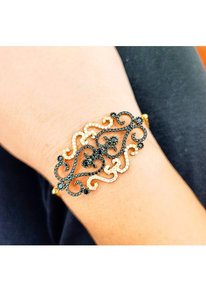 Büyük Gold Altin Siyah ve Beyaz Tasli Gumus Bileklik Bilezik modelleri