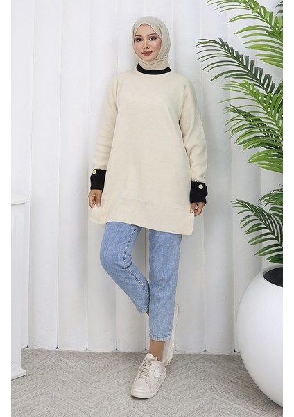 Triko Kolu Düğme Detaylı Garnili Tunik 3000-07 Bej