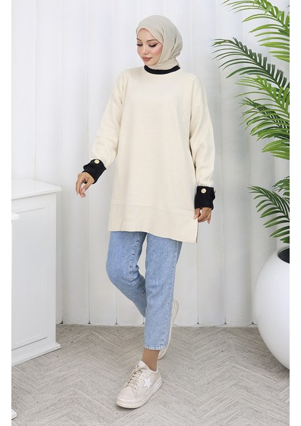 Triko Kolu Düğme Detaylı Garnili Tunik 3000-07 Bej fiyatları