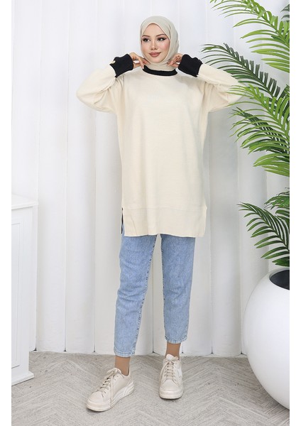 Triko Kolu Düğme Detaylı Garnili Tunik 3000-07 Bej modelleri