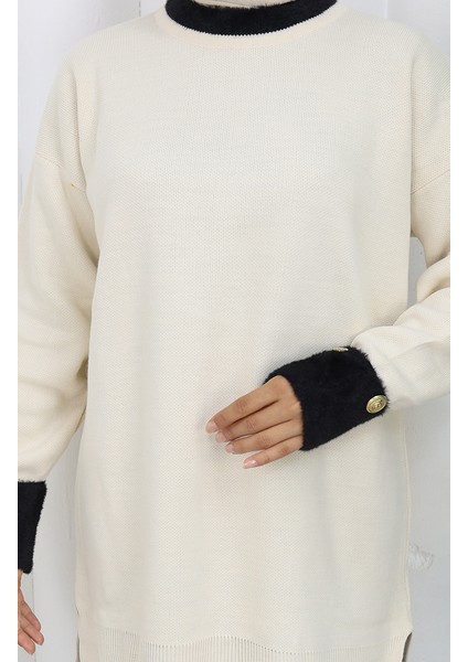 Triko Kolu Düğme Detaylı Garnili Tunik 3000-07 Bej indirimleri