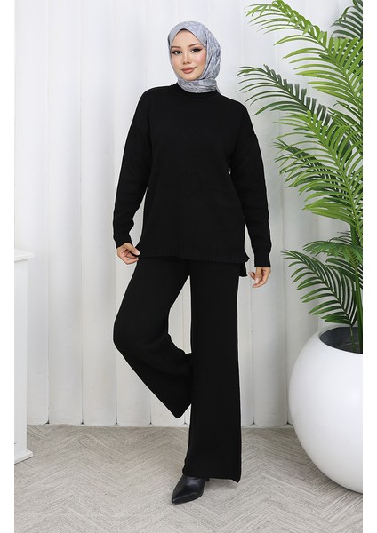 Triko Kalp Desenli Kazak Pantolon Ikili Takım 0016-04 Siyah modelleri