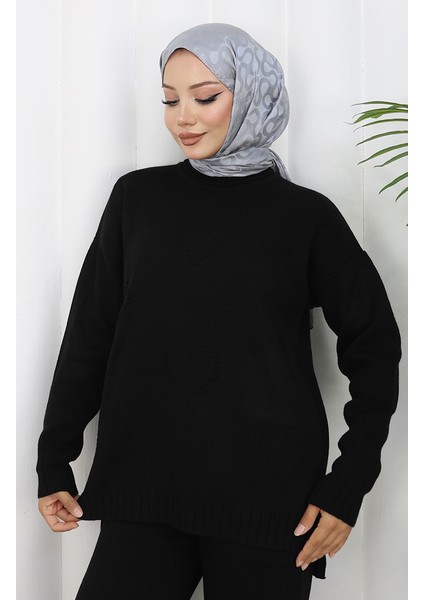 Triko Kalp Desenli Kazak Pantolon Ikili Takım 0016-04 Siyah fırsatları