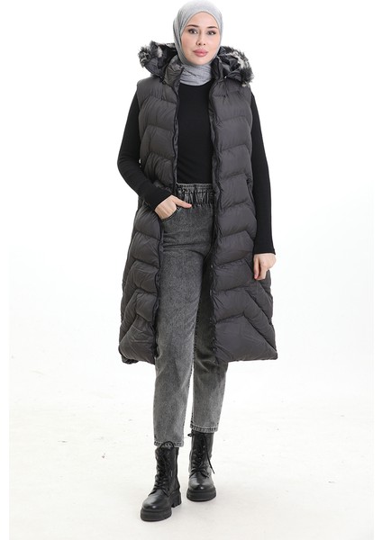 Kapüşonlu Fermuarlı Şişme Uzun Yelek 0179-02 Antrasit