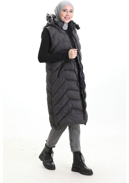 Kapüşonlu Fermuarlı Şişme Uzun Yelek 0179-02 Antrasit fiyatları