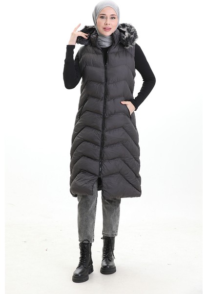 Kapüşonlu Fermuarlı Şişme Uzun Yelek 0179-02 Antrasit modelleri