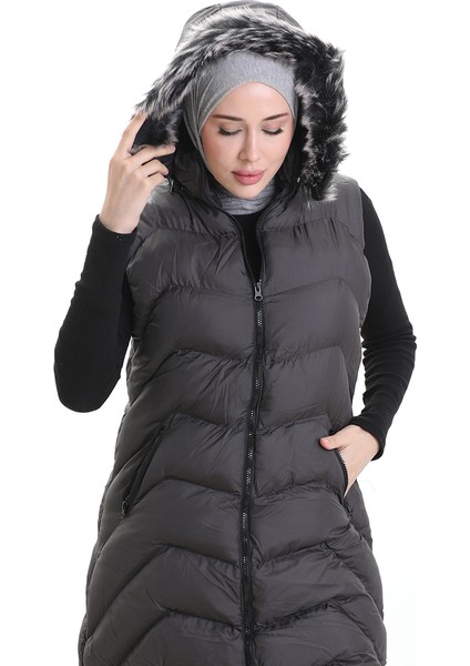 Kapüşonlu Fermuarlı Şişme Uzun Yelek 0179-02 Antrasit fırsatları