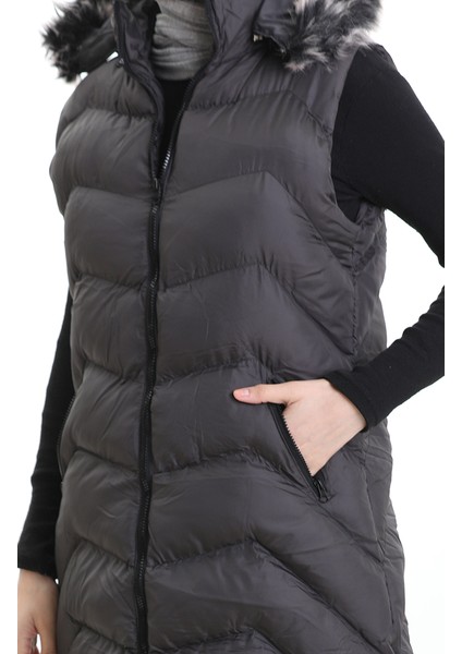 Kapüşonlu Fermuarlı Şişme Uzun Yelek 0179-02 Antrasit indirimleri