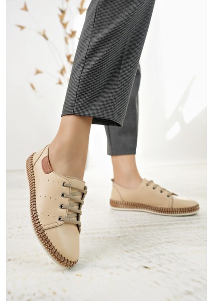 Syg P38 Bej Hakiki Deri Kadın Ayakkabı