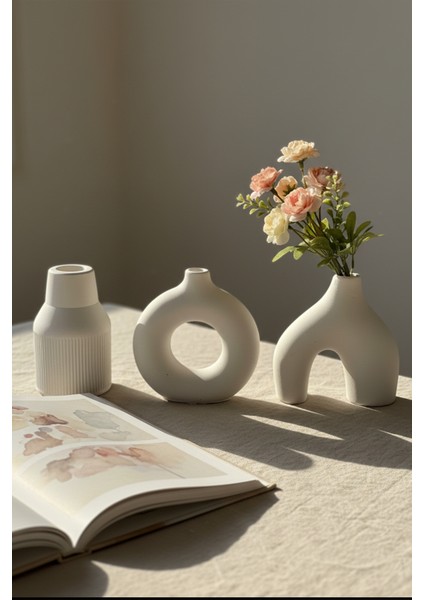Modern Bohem Tarz Beton Biblo 3’lü Set – Dekoratif Minimal Set