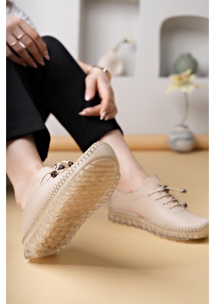 Knc 12 Bej Hakiki Deri Şeffaf Taban Kadın Ayakkabı