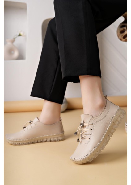 Knc 12 Bej Hakiki Deri Şeffaf Taban Kadın Ayakkabı