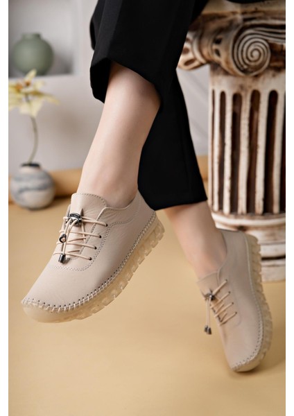 Knc 12 Bej Hakiki Deri Şeffaf Taban Kadın Ayakkabı