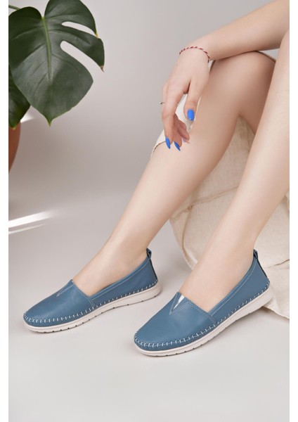 Knc 033 Mavi Hakiki Soft Deri Kadın Ayakkabı