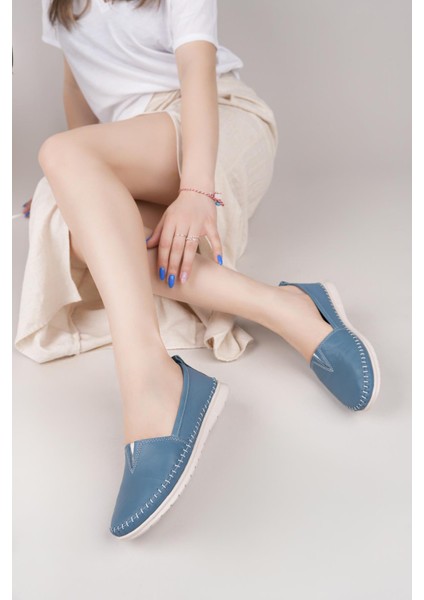 Knc 033 Mavi Hakiki Soft Deri Kadın Ayakkabı