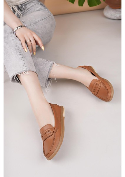 Eliz 24105 Taba Hakiki Soft Deri Rok Günlük Kadın Ayakkabı