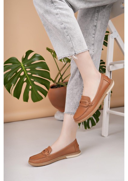 Eliz 24105 Taba Hakiki Soft Deri Rok Günlük Kadın Ayakkabı