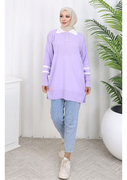 Triko Balon Kollu Yakalı Tunik 3007-09 Lila