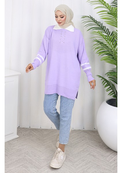 Triko Balon Kollu Yakalı Tunik 3007-09 Lila fiyatları