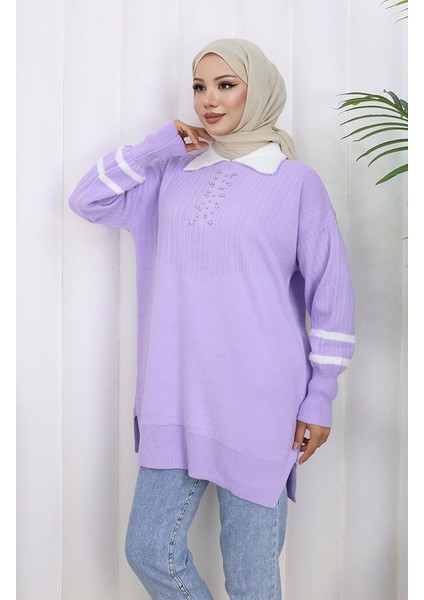 Triko Balon Kollu Yakalı Tunik 3007-09 Lila modelleri