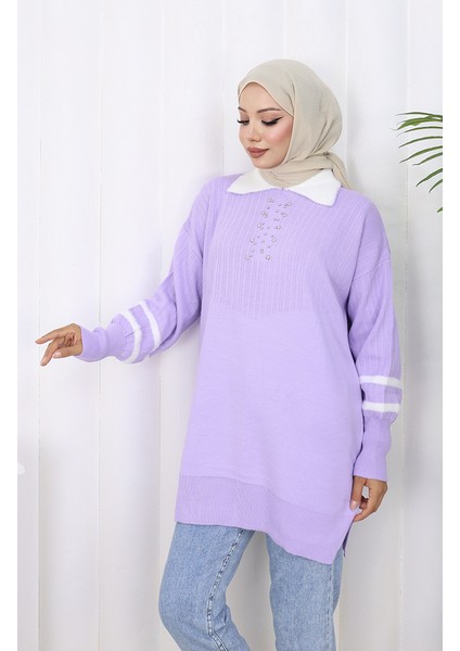 Triko Balon Kollu Yakalı Tunik 3007-09 Lila fırsatları