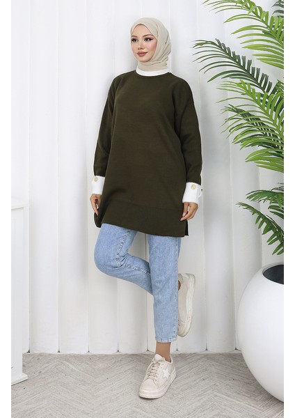 Triko Kolu Düğme Detaylı Garnili Tunik 3000-03 Haki