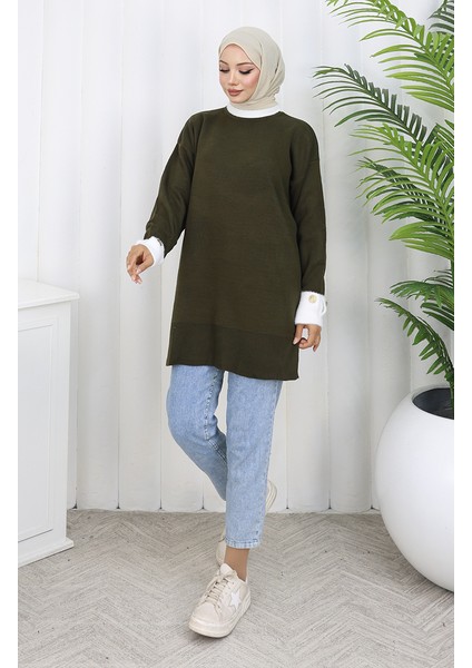 Triko Kolu Düğme Detaylı Garnili Tunik 3000-03 Haki fiyatları
