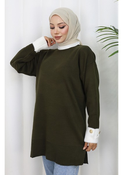 Triko Kolu Düğme Detaylı Garnili Tunik 3000-03 Haki modelleri