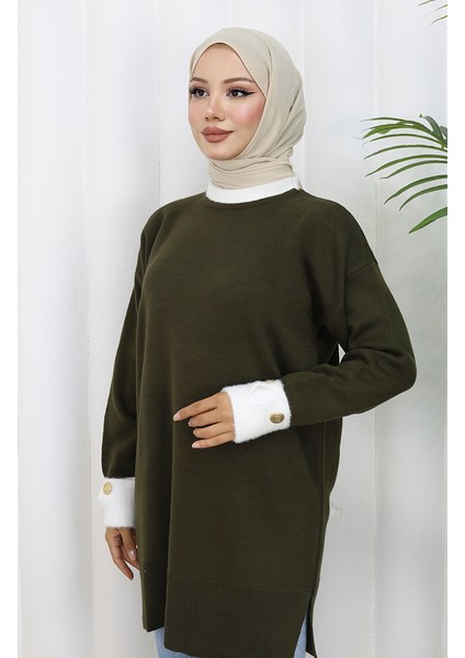 Triko Kolu Düğme Detaylı Garnili Tunik 3000-03 Haki fırsatları