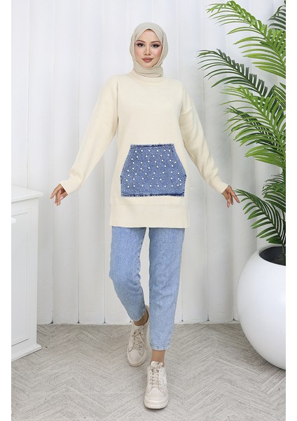 Triko Kanguru Cepli Inci Detaylı Tunik 3030-07 Bej