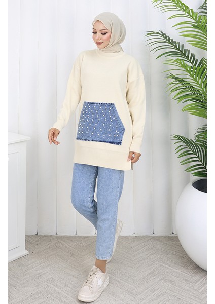 Triko Kanguru Cepli Inci Detaylı Tunik 3030-07 Bej fiyatları