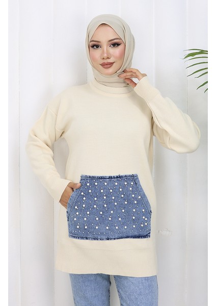 Triko Kanguru Cepli Inci Detaylı Tunik 3030-07 Bej fırsatları