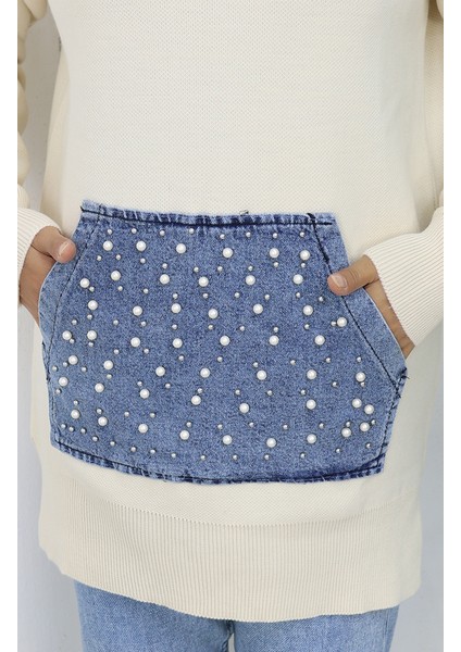 Triko Kanguru Cepli Inci Detaylı Tunik 3030-07 Bej indirimleri