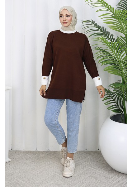 Triko Kolu Düğme Detaylı Garnili Tunik 3000-08 Kahverengi