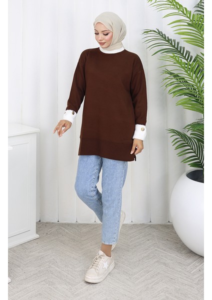Triko Kolu Düğme Detaylı Garnili Tunik 3000-08 Kahverengi fiyatları