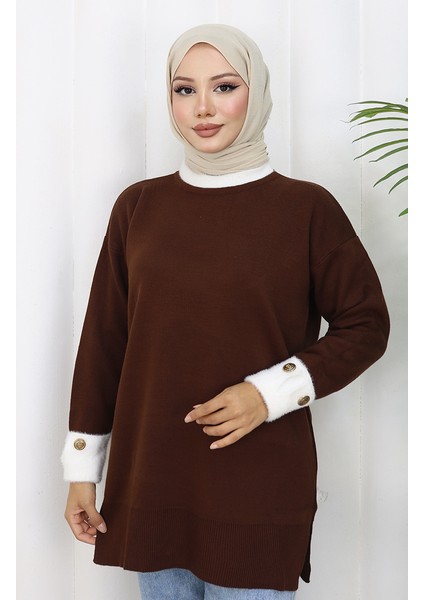 Triko Kolu Düğme Detaylı Garnili Tunik 3000-08 Kahverengi modelleri